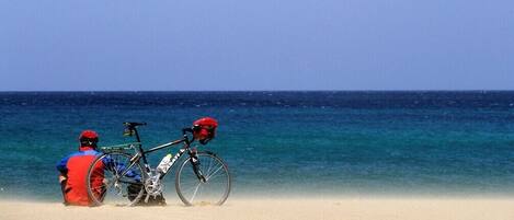 A beach scene with a bicycle and a person in a red shirt sitting on the sand.