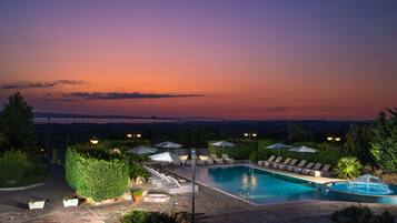 Seasonal outdoor pool, pool umbrellas, pool loungers