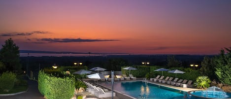 Seasonal outdoor pool, pool umbrellas, pool loungers