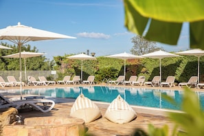 Seasonal outdoor pool, pool umbrellas, pool loungers