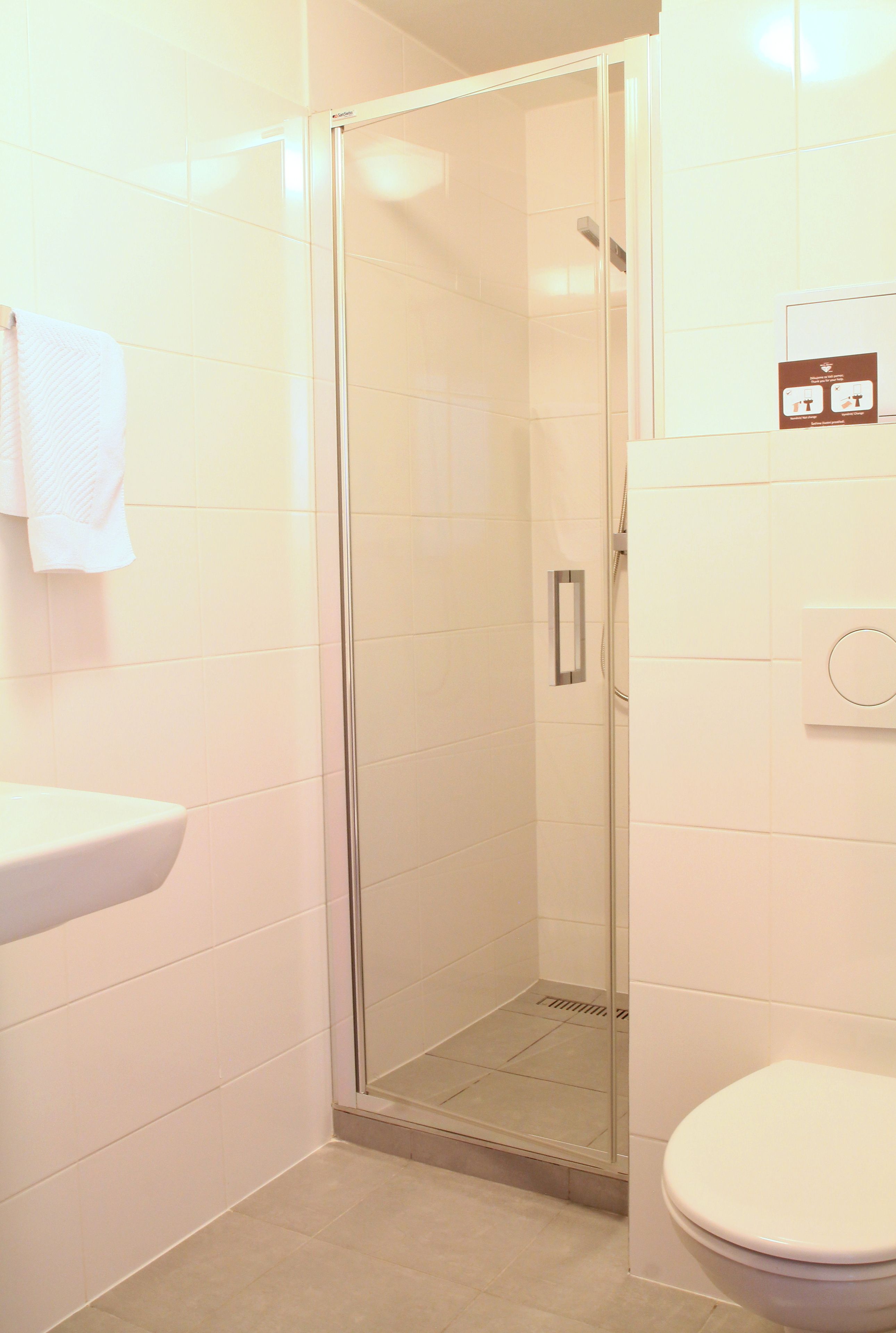 A bathroom with a glass-enclosed shower, a white sink, and a toilet.
