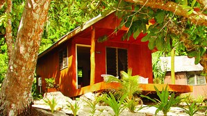 Un chalet rustique avec une façade en bois, de grandes fenêtres et une véranda entourée d’une végétation luxuriante et d’arbres.