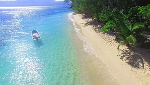A boat on a clear turquoise sea, a sandy beach, and lush green foliage.