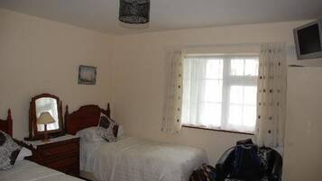 Een slaapkamer met twee bedden, een dressoir, een spiegel, een televisie en een raam met gordijnen.