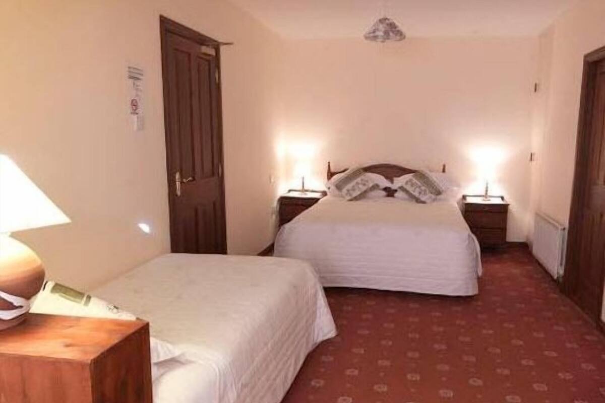 A hotel room with two beds, a wooden nightstand with a lamp, and a patterned carpet.