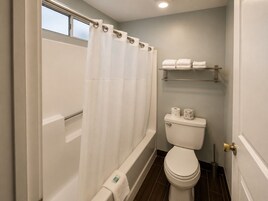 Combined shower/tub, free toiletries, hair dryer, towels