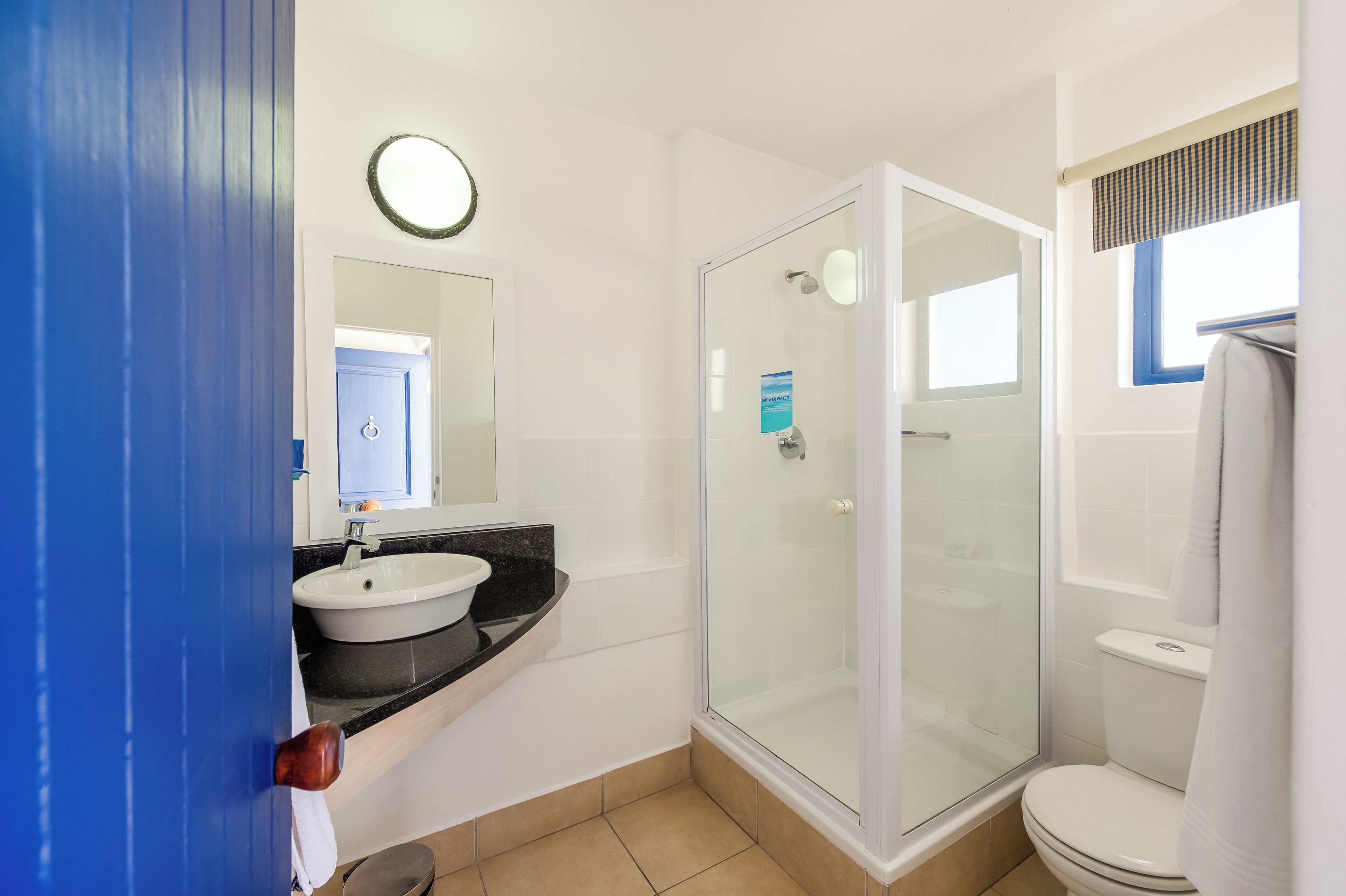 A bathroom with a glass-enclosed shower, a white sink, and a toilet.