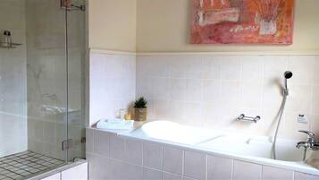 Un baño moderno con ducha de vidrio, una bañera grande y un lavamanos instalado en la pared.