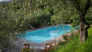 A swimming pool surrounded by lush greenery and a wooden deck with chairs. - Agriturismo Monteverde (Castelnuovo Magra)