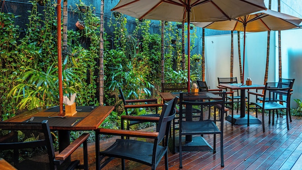 An outdoor dining area with wooden tables and chairs, surrounded by lush greenery and bamboo structures.