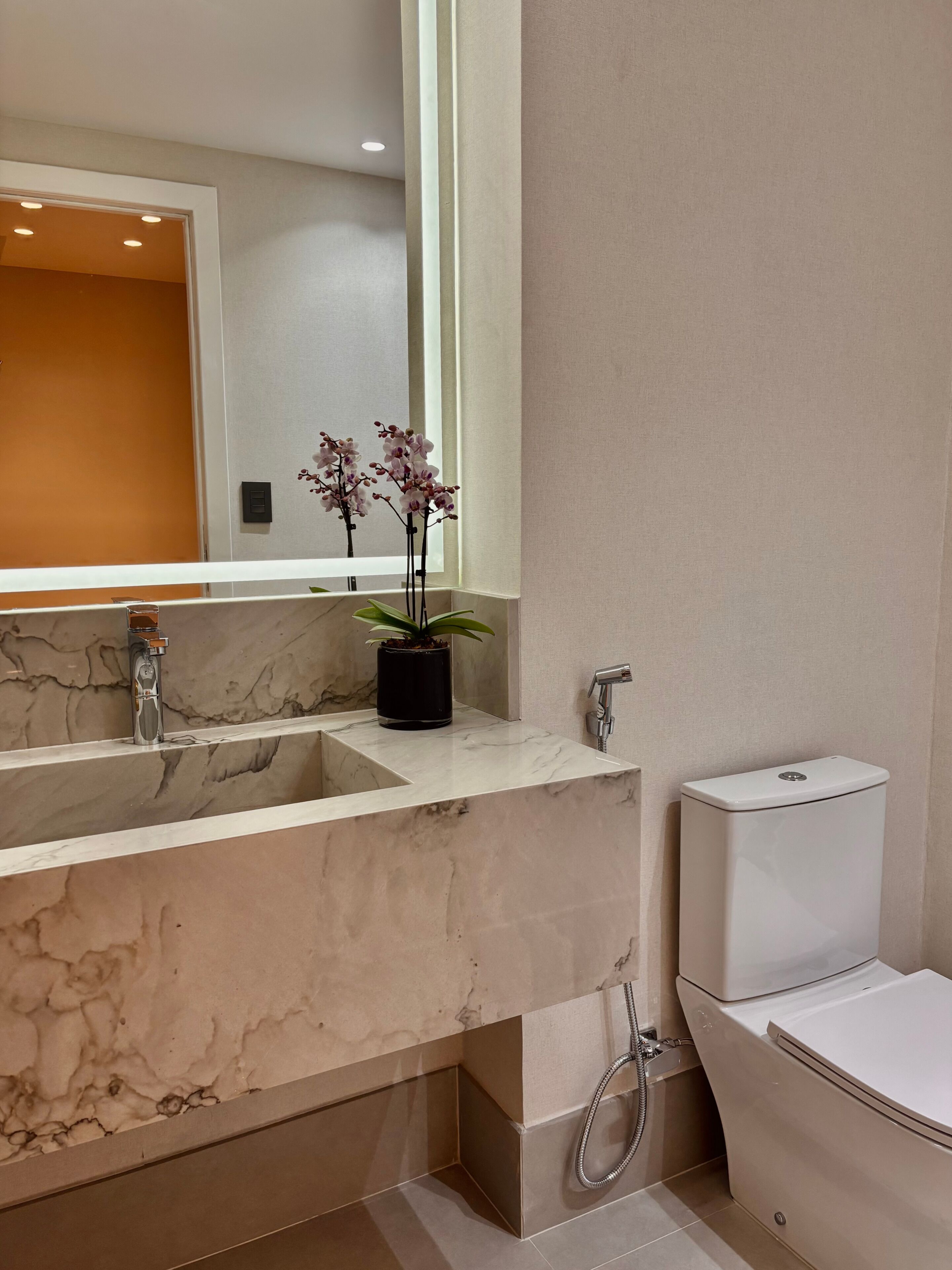 A bathroom with a marble sink, a toilet, and a mirror.