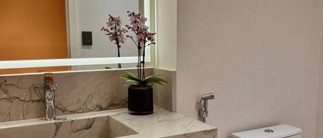 A bathroom with a marble sink, a toilet, and a mirror.
