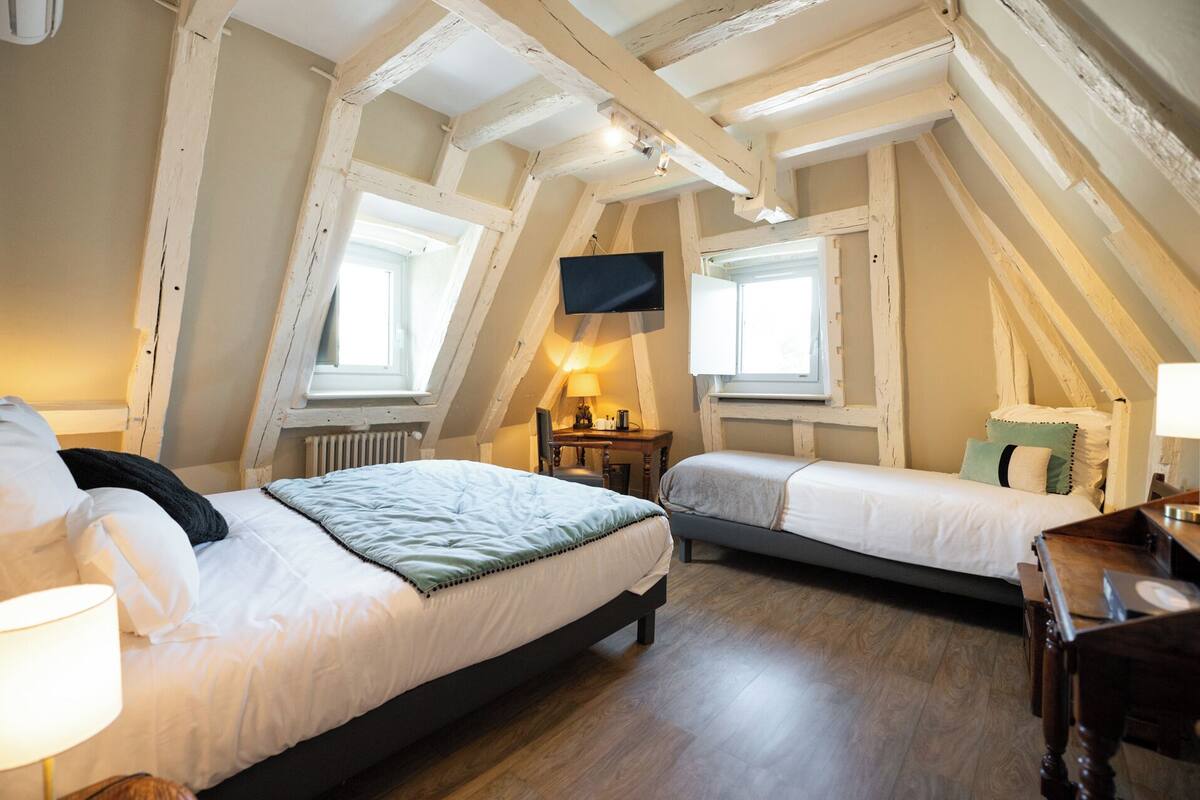 A bedroom with two beds, a TV, a window, and a radiator.