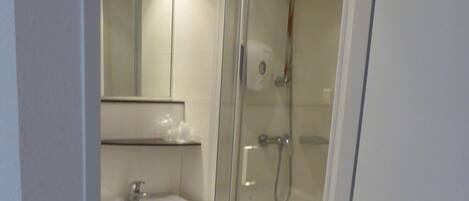 A modern bathroom with a glass-enclosed shower, a white sink, and a mirror above the sink.