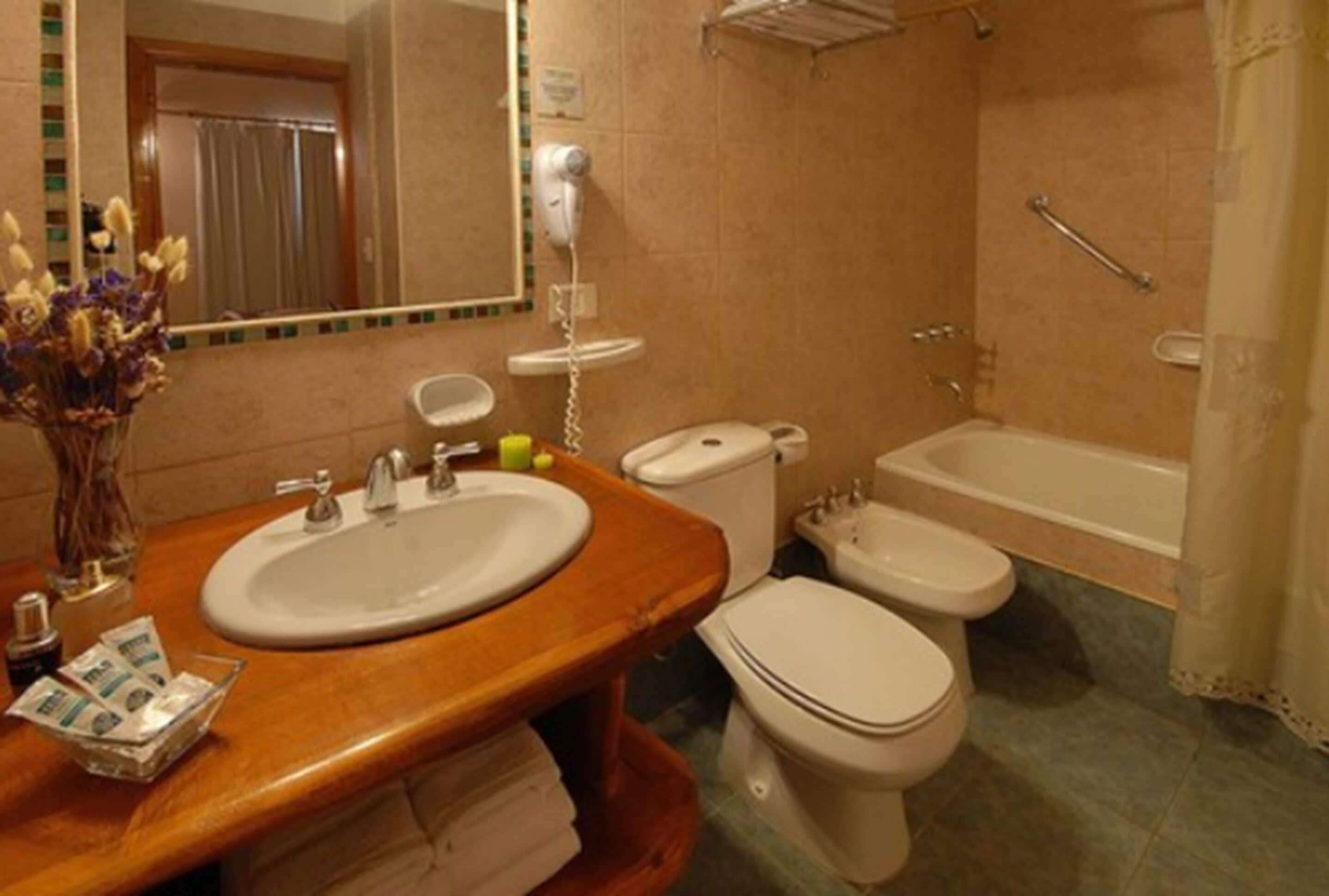 A bathroom with a sink, mirror, toilet, bidet, and bathtub.