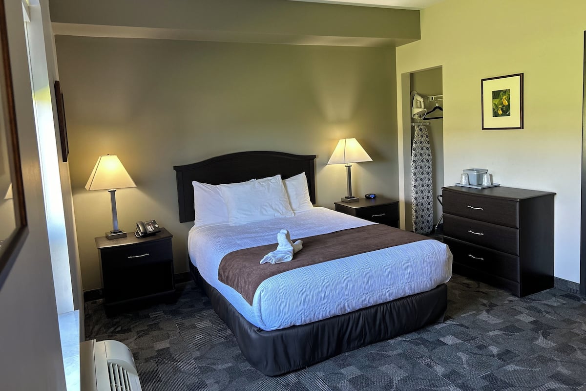Habitación de hotel con una cama, dos lámparas de noche, una mesita de noche, un aparador y un cuadro en la pared.