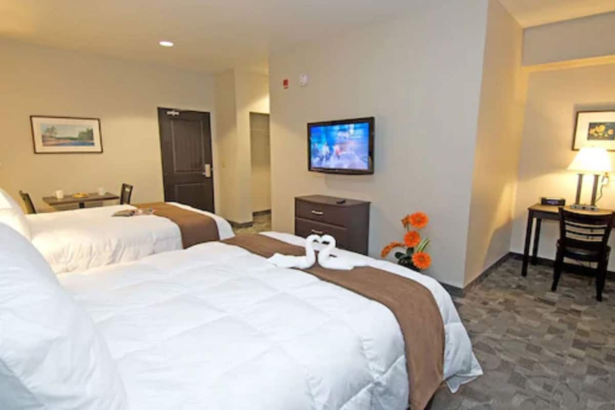 Habitación de hotel con dos camas, televisión, escritorio y silla.
