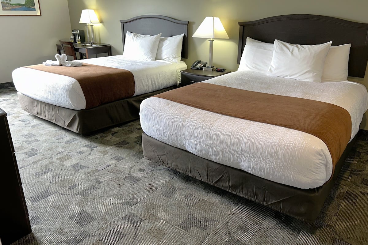 Una habitación de hotel con dos camas, cada una con cabecero marrón y ropa de cama blanca. Hay dos mesitas de noche con lámparas, un cuadro enmarcado en la pared y suelo alfombrado.