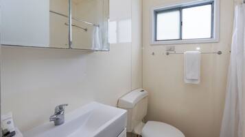 A bathroom with a sink, mirror, toilet, and window.