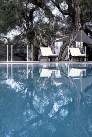 A pool with lounge chairs and a large tree in the background. - Torri E Merli Hotel by GHH (Paxos)