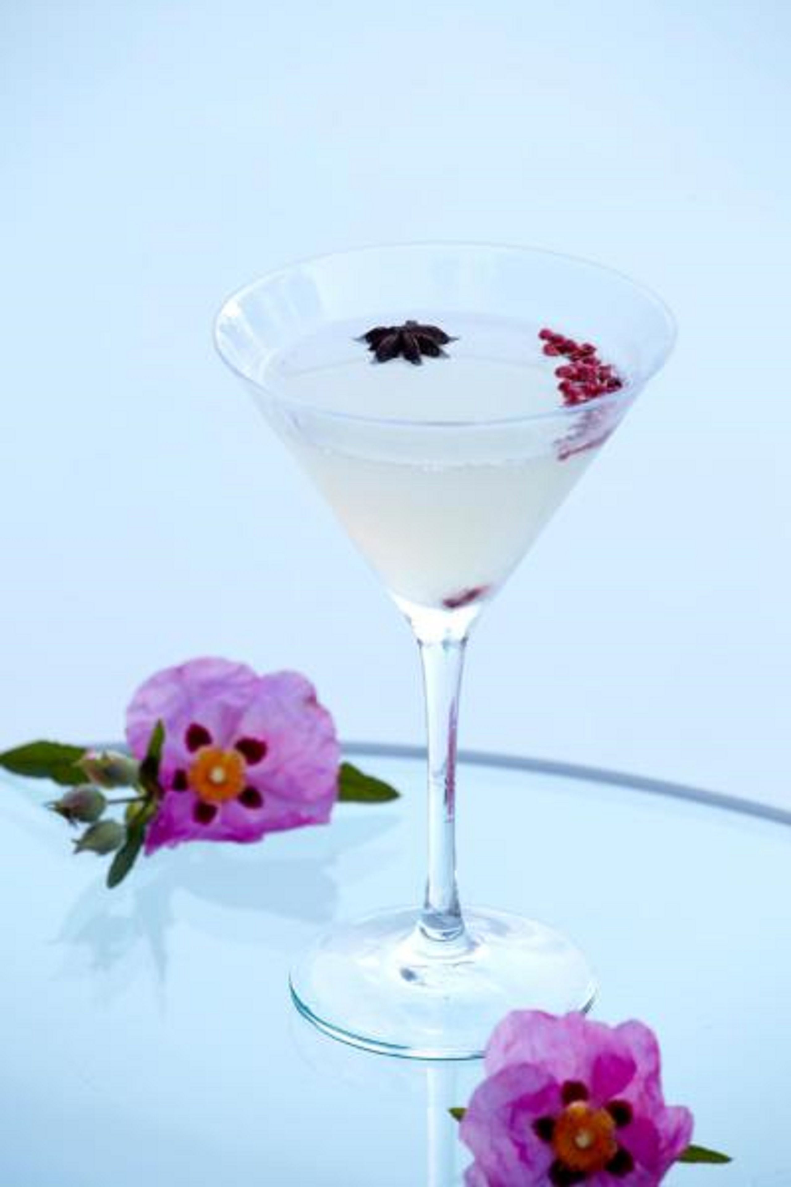 A martini glass with a clear liquid, garnished with a star anise and red berries, on a reflective surface with a purple flower nearby.
