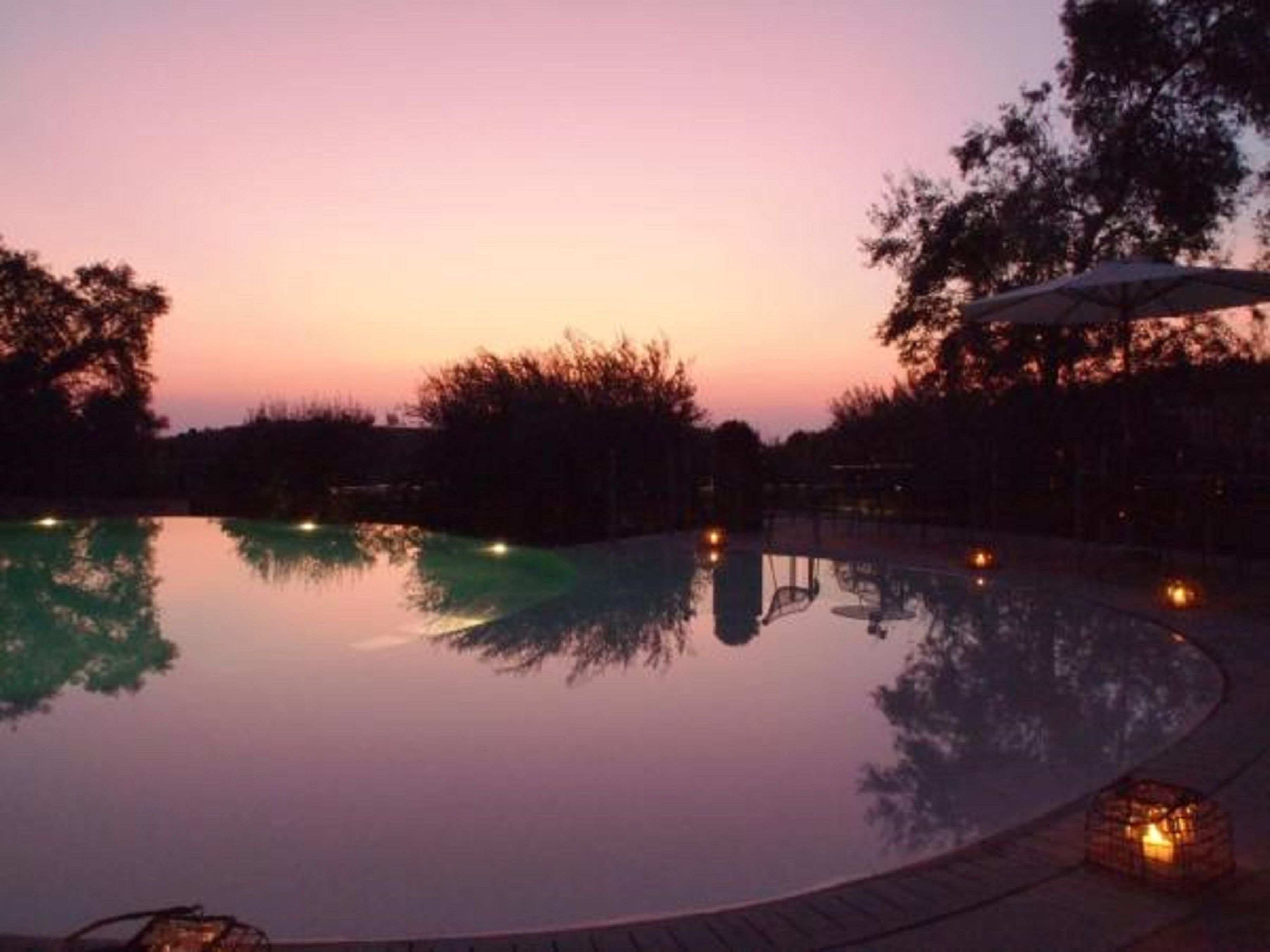 Une piscine paisible au crépuscule, avec des arbres et un kiosque en arrière-plan.
