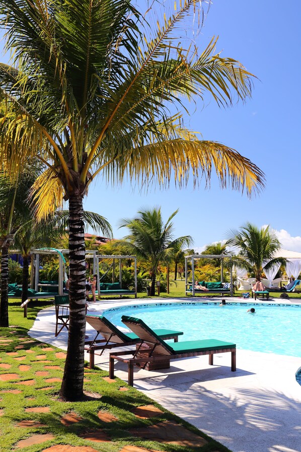 Outdoor pool, pool umbrellas, pool loungers