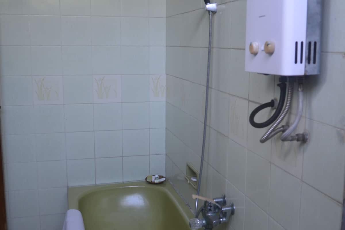 combined shower/bathtub, slippers, towels