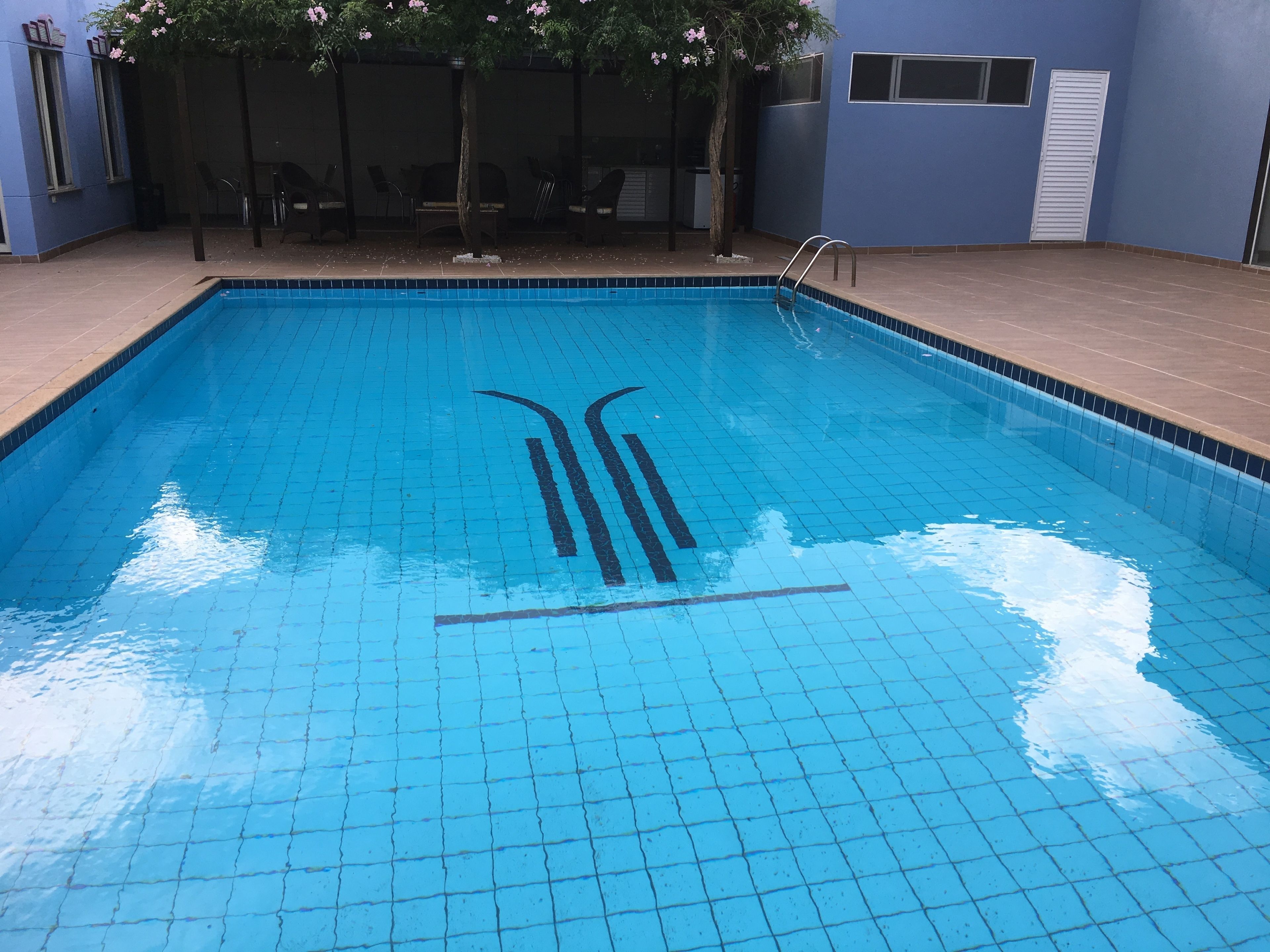 A rectangular swimming pool with a tiled edge and a ladder on one side.