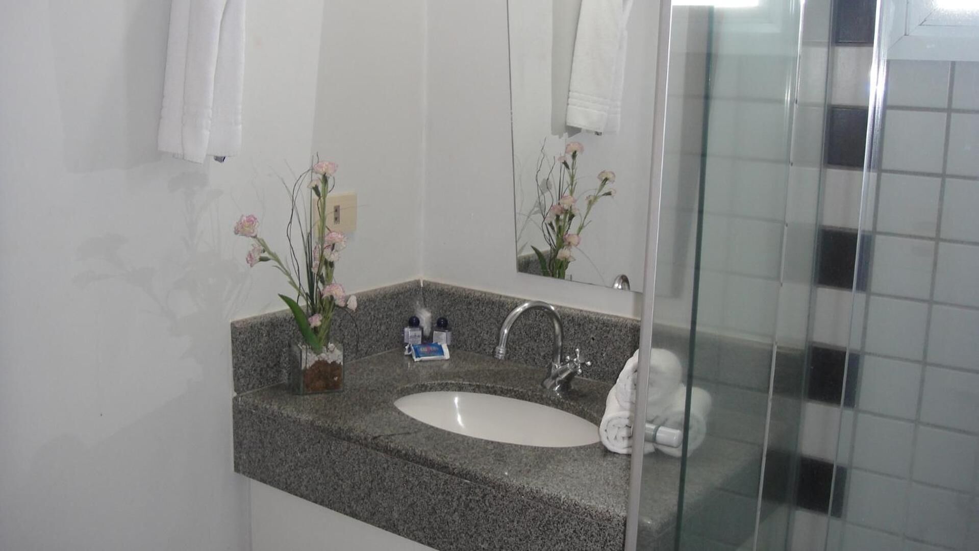 shower, rainfall showerhead, hair dryer, towels