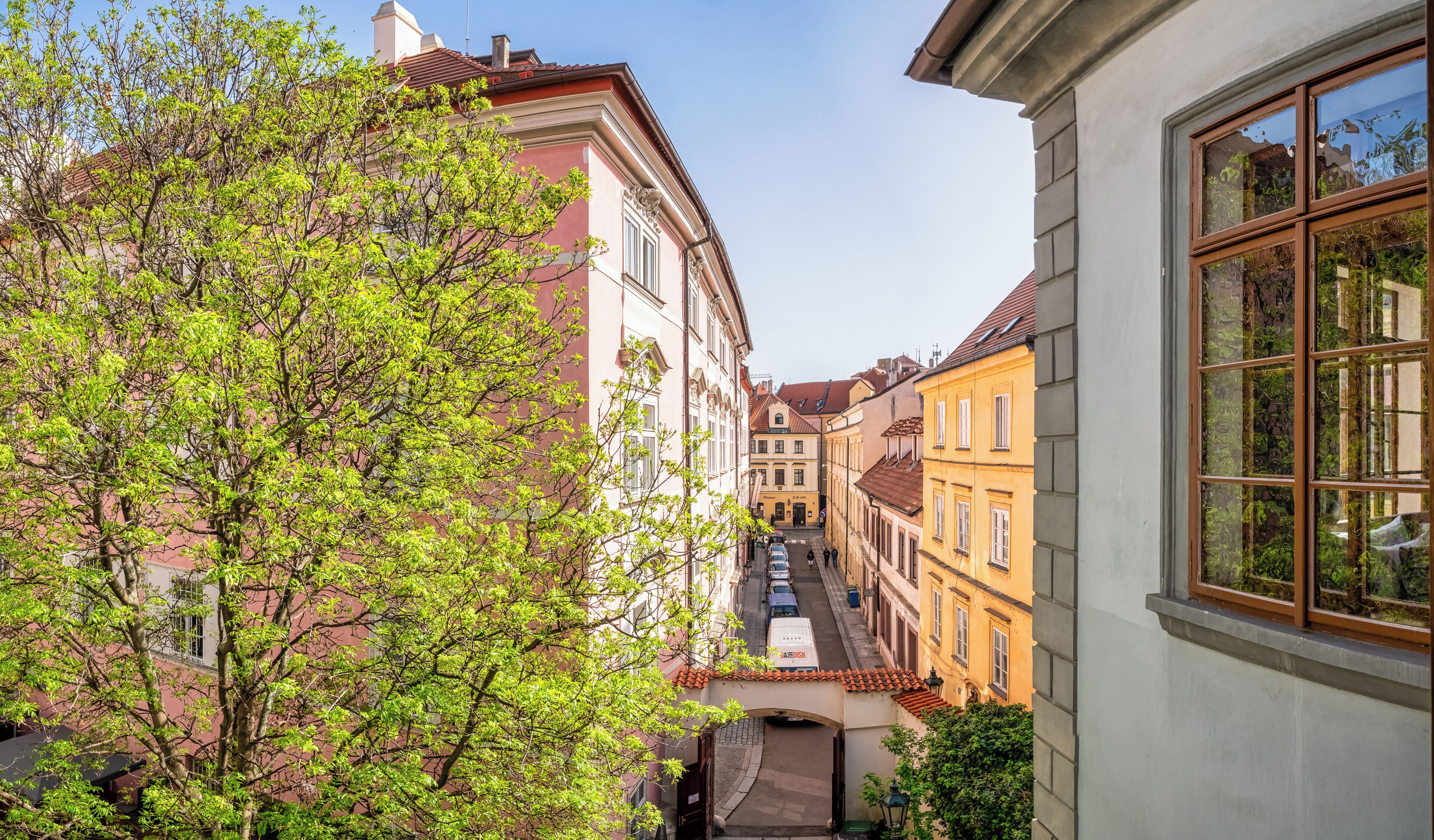 A narrow street with buildings on either side, a tree in the foreground, and a clear sky.