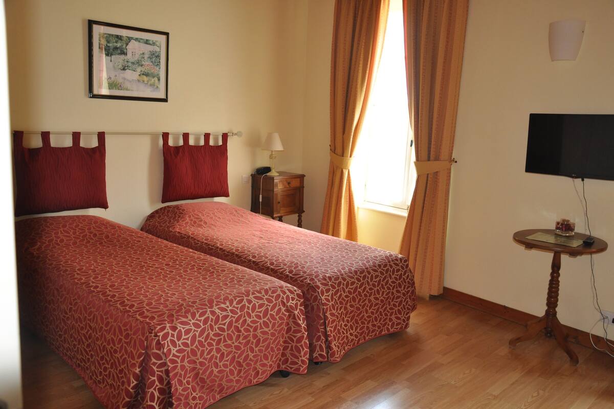 A room with two beds, a small table with a lamp, a TV, and a window with curtains.