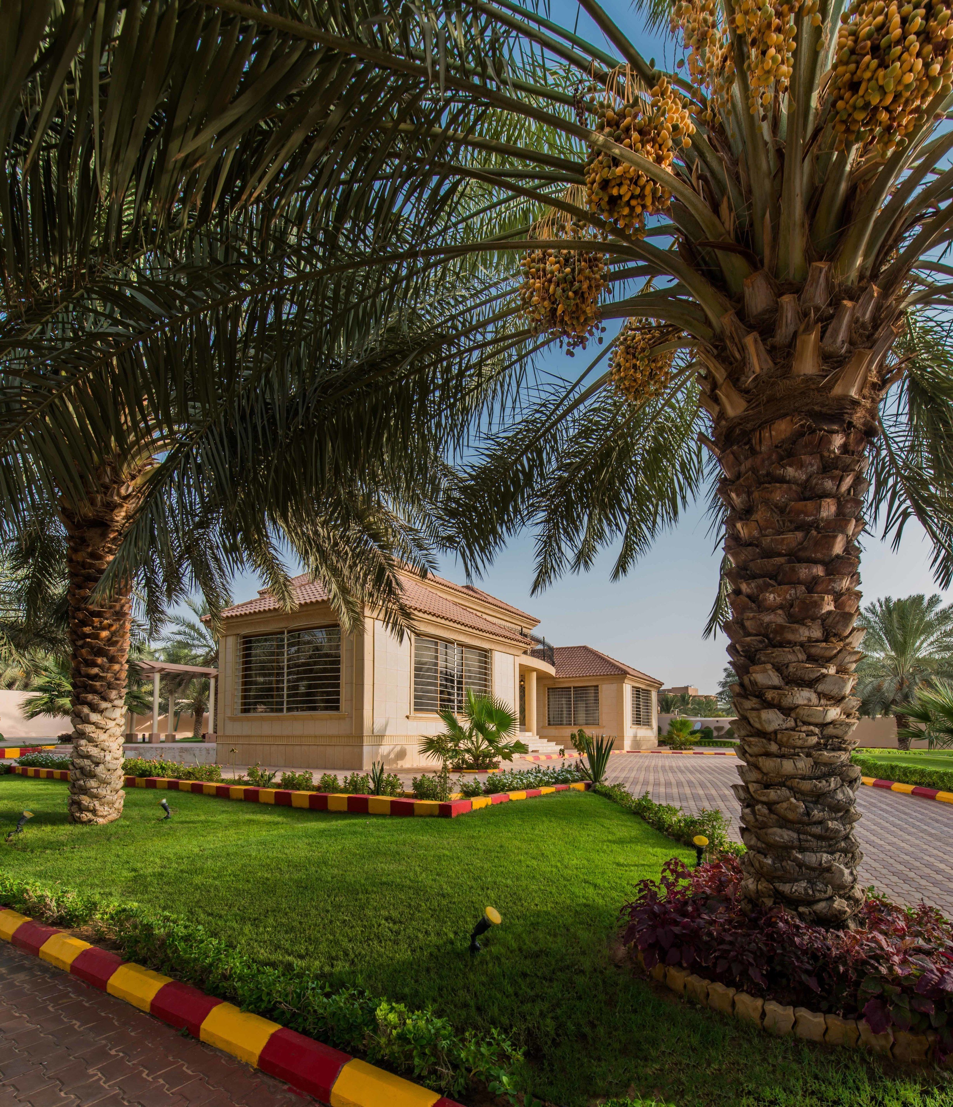 A modern building with a tiled roof, surrounded by well-maintained grass and palm trees.