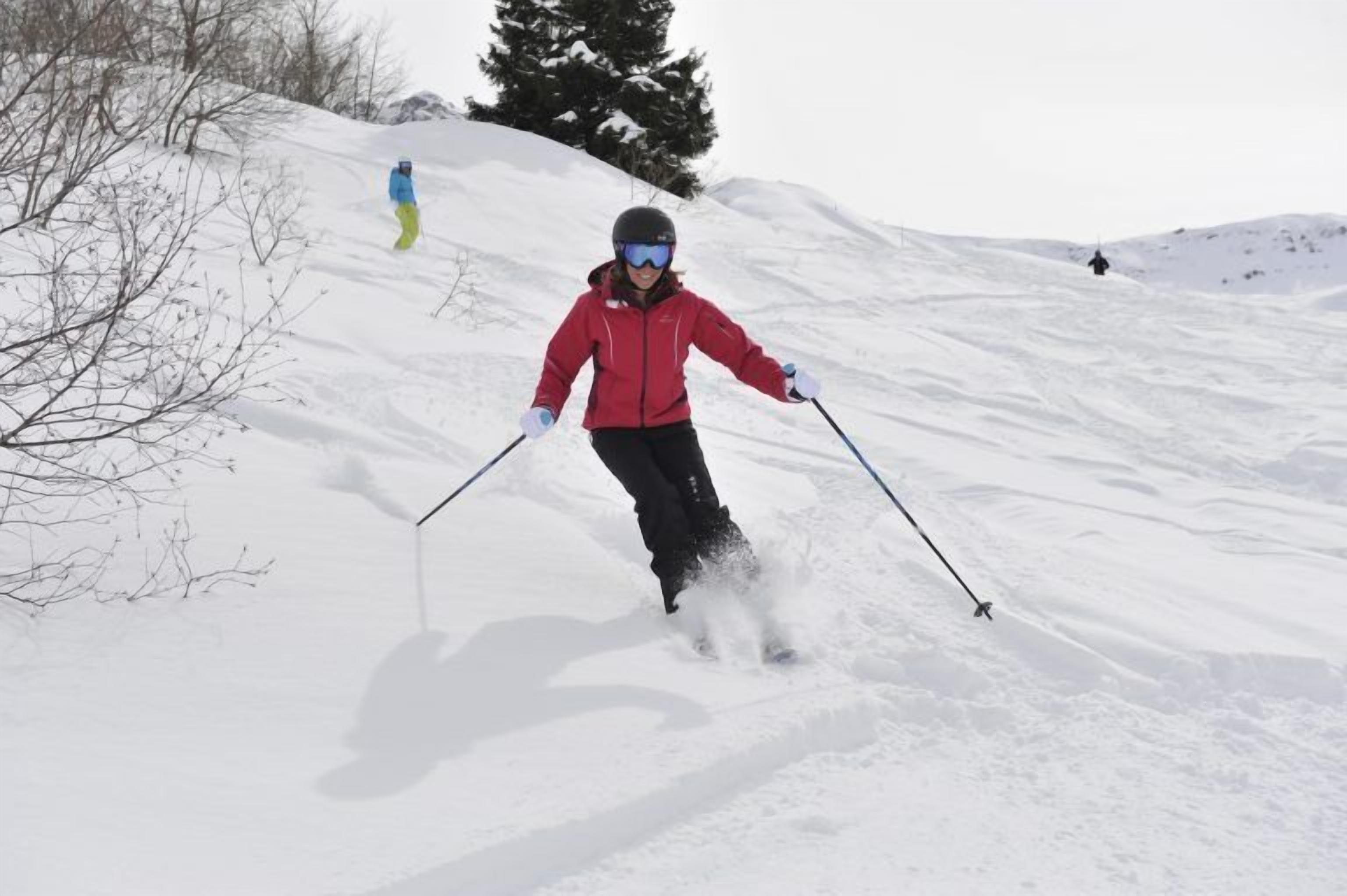 A person skiing down a snowy slope.