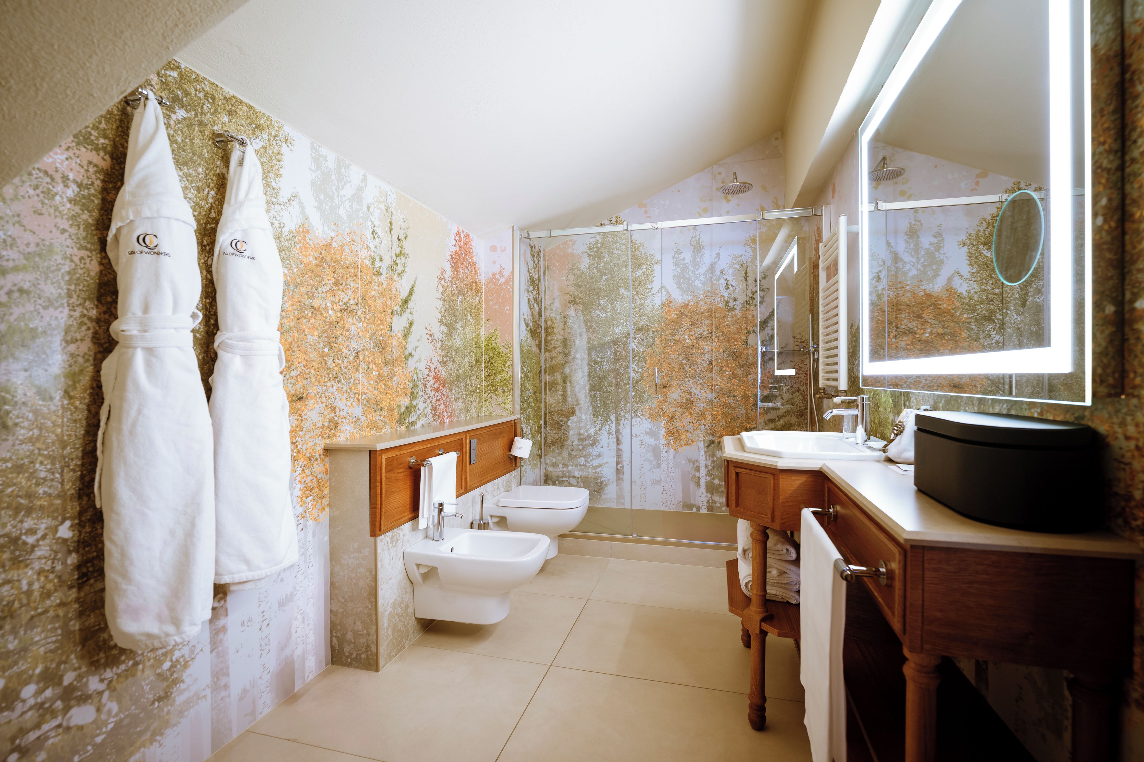 A bathroom with a shower, two sinks, and a large mirror.