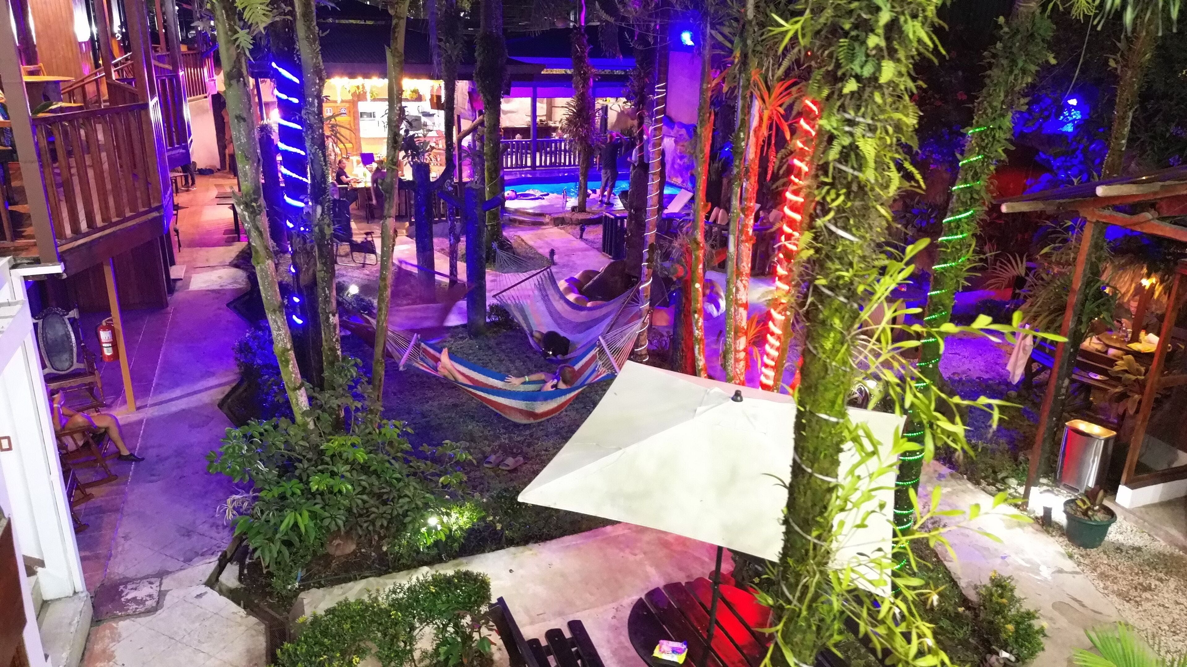 A tropical-themed indoor area with a hammock, seating areas, and a pool.