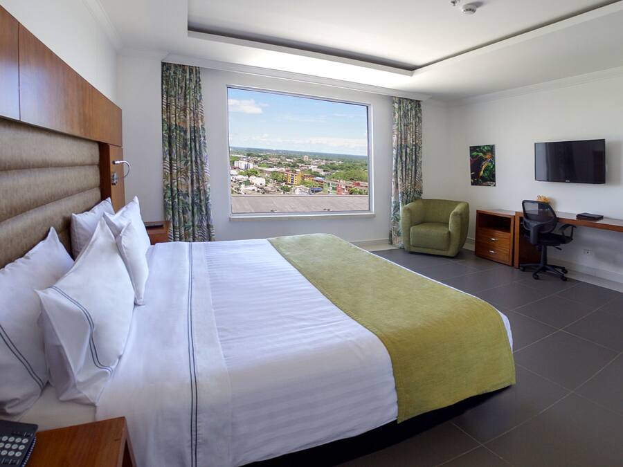 Une chambre d’hôtel avec un grand lit, un bureau, une chaise, une télévision et une vue sur le paysage urbain.