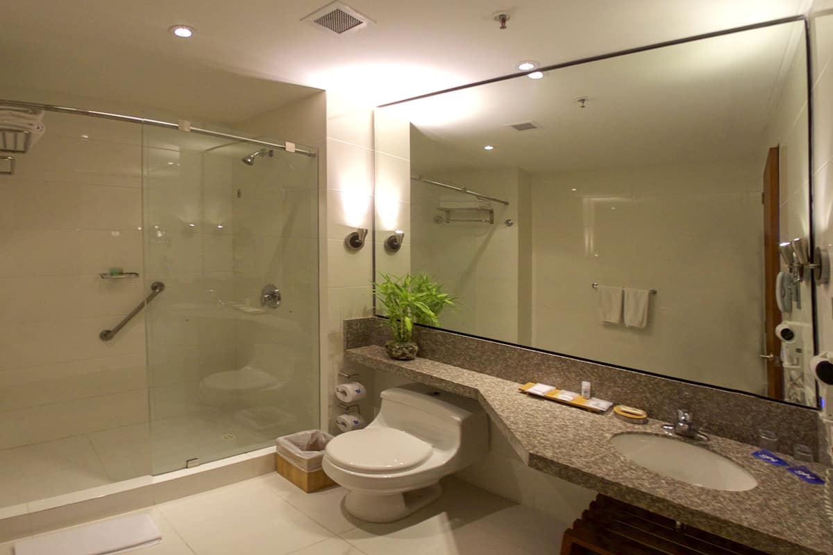 standard twin room, 2 double beds | bathroom | shower, free toiletries, hair dryer, towels