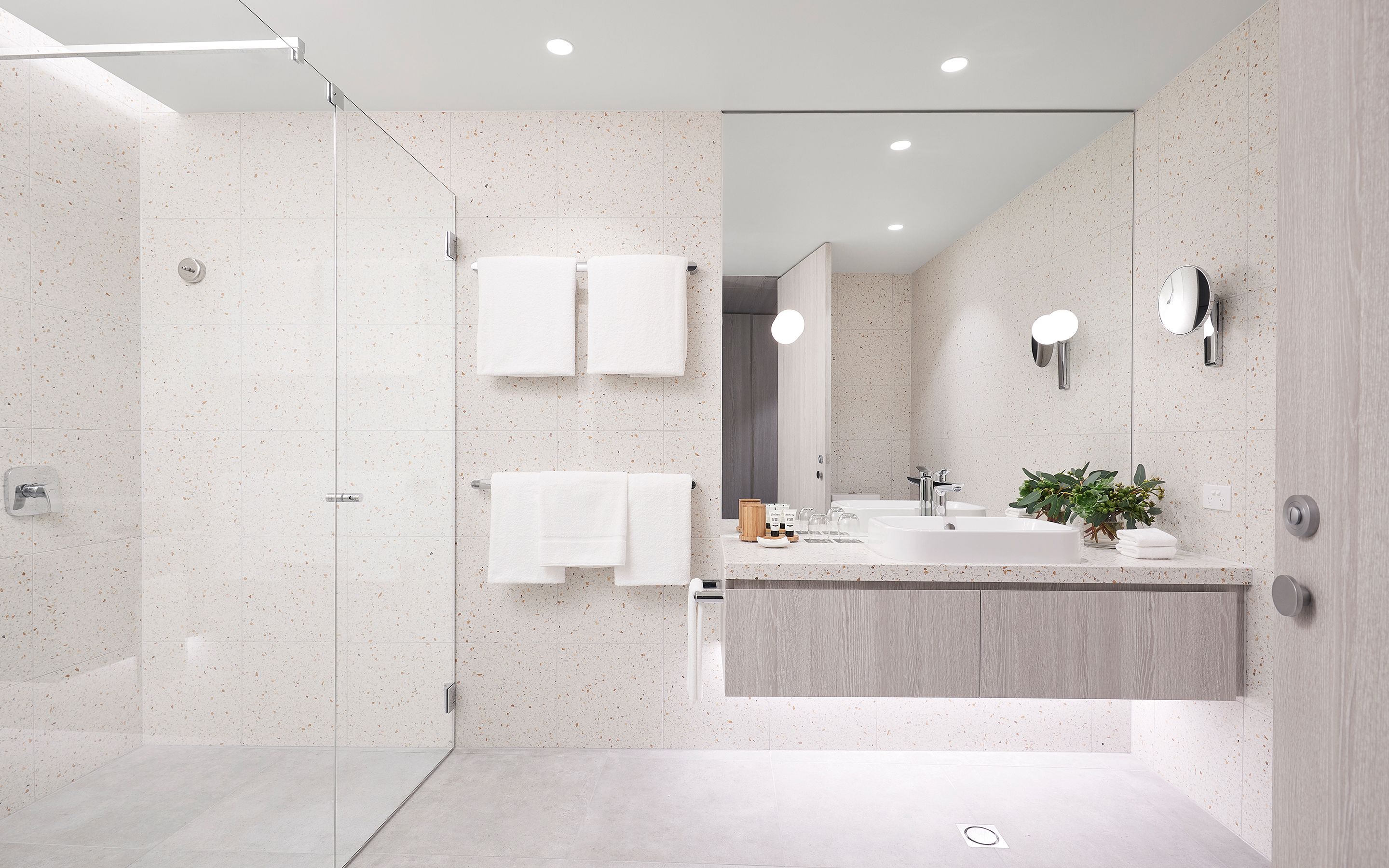A modern bathroom with a glass shower enclosure, a wooden vanity, and a large mirror.