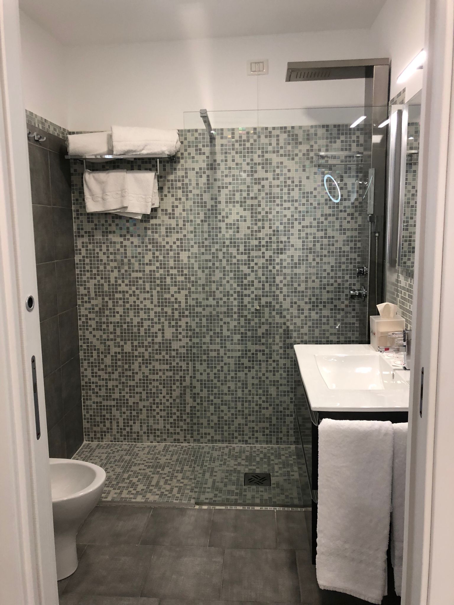 Een badkamer met douche, toilet en wastafel.