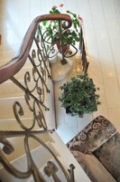 A staircase with ornate metal railings and potted plants.