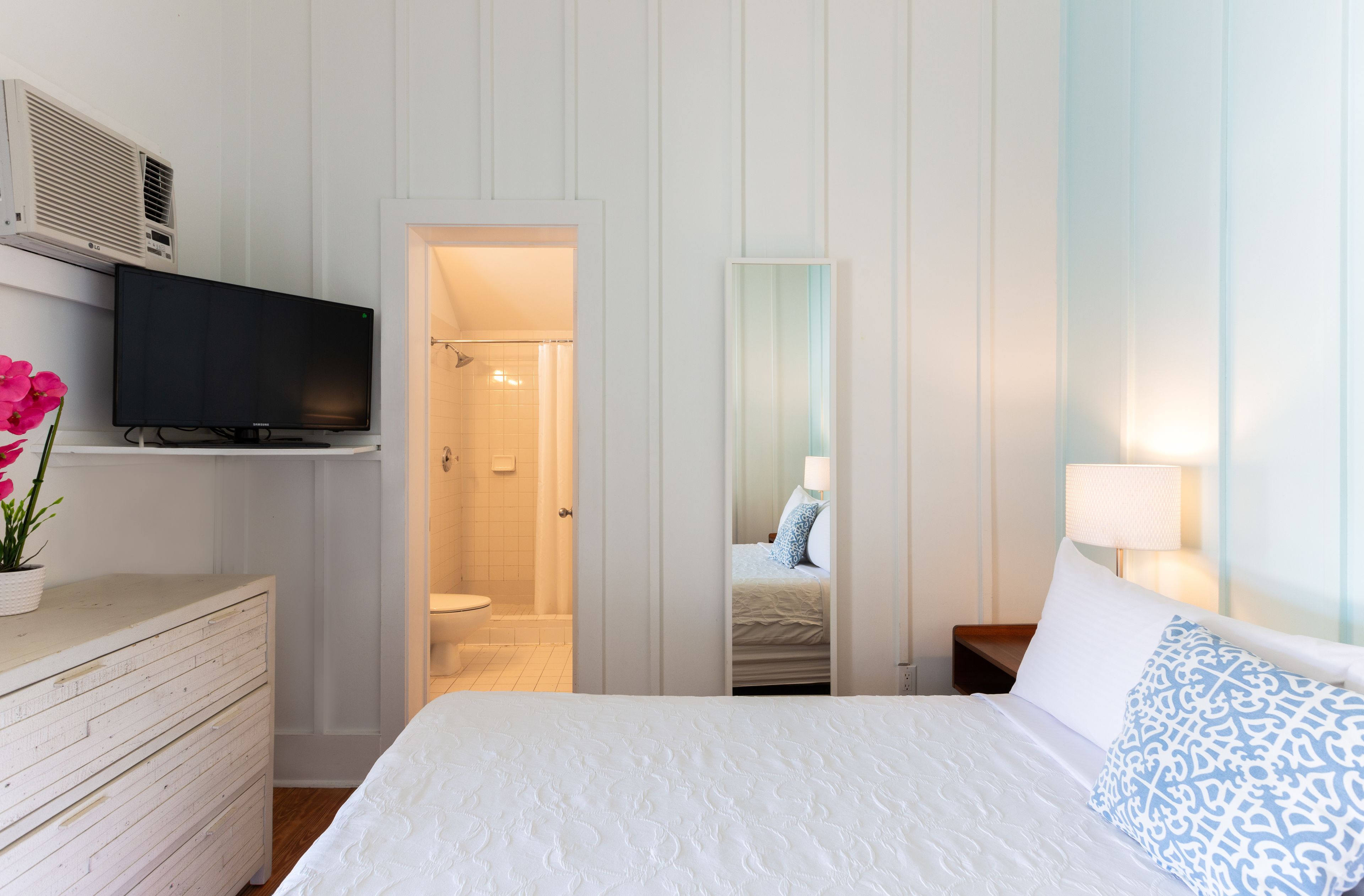 A hotel room with a bed, a TV, a dresser, and a shower area.