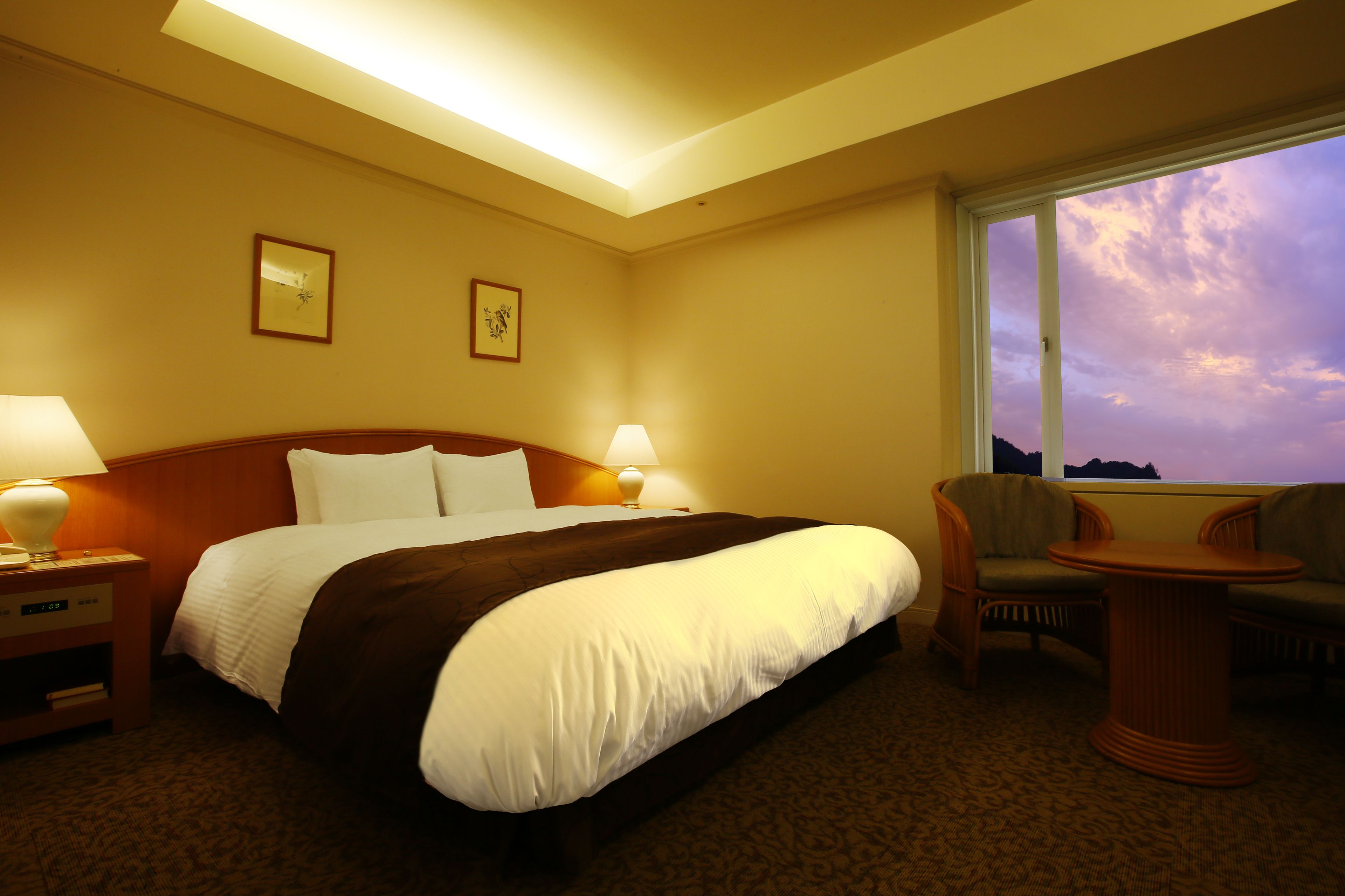 A hotel room with a large bed, two bedside lamps, a chair, and a view of the sky through a window.