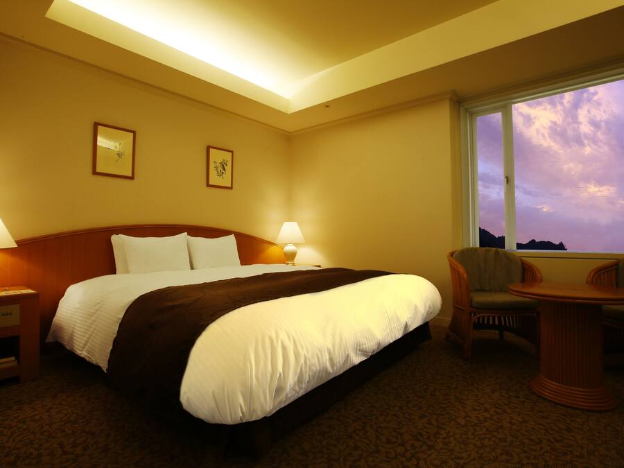A hotel room with a large bed, two bedside lamps, a chair, and a view of the sky through a window.