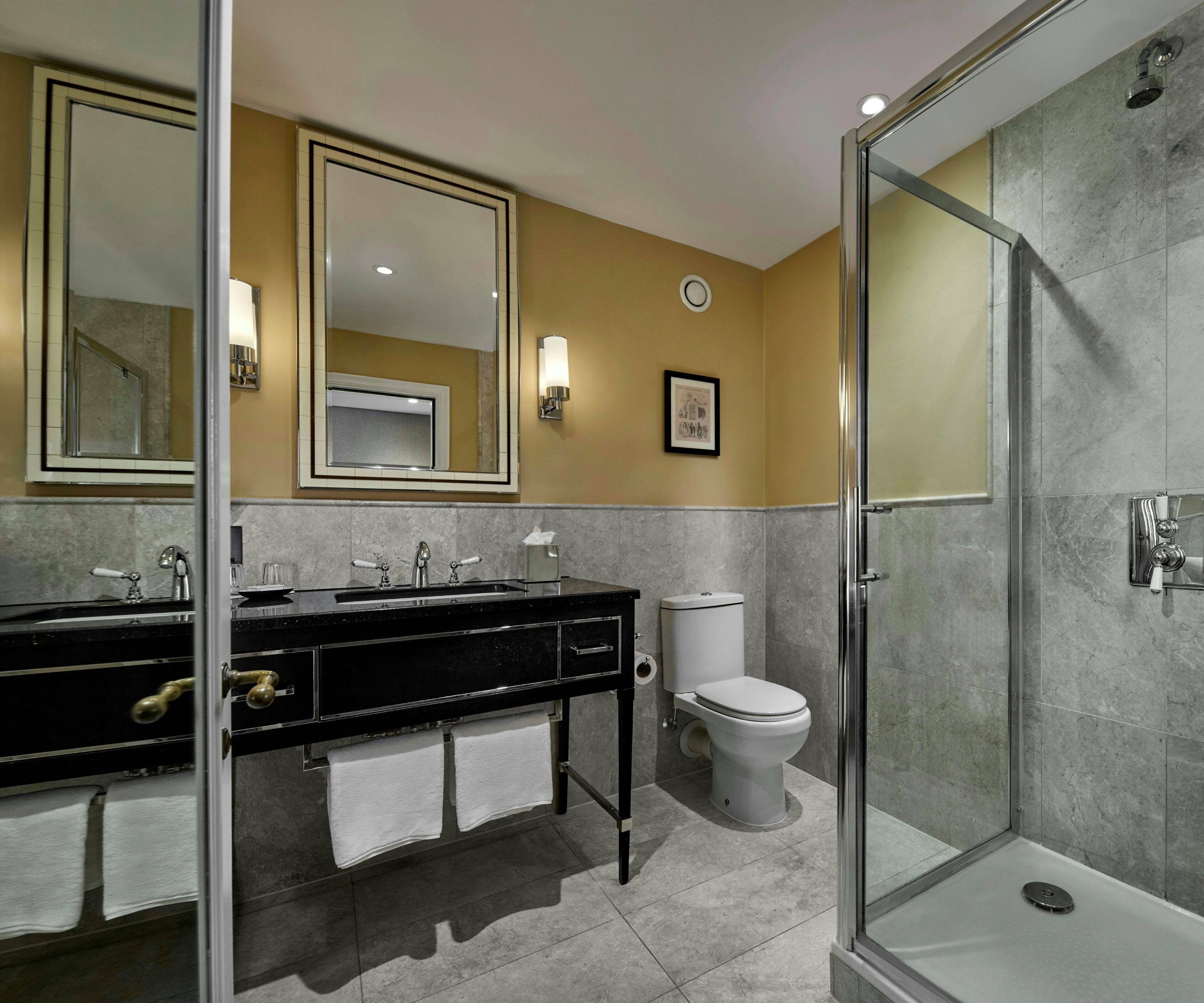 A modern bathroom with a glass-enclosed shower, a double sink with a black countertop, and a toilet.