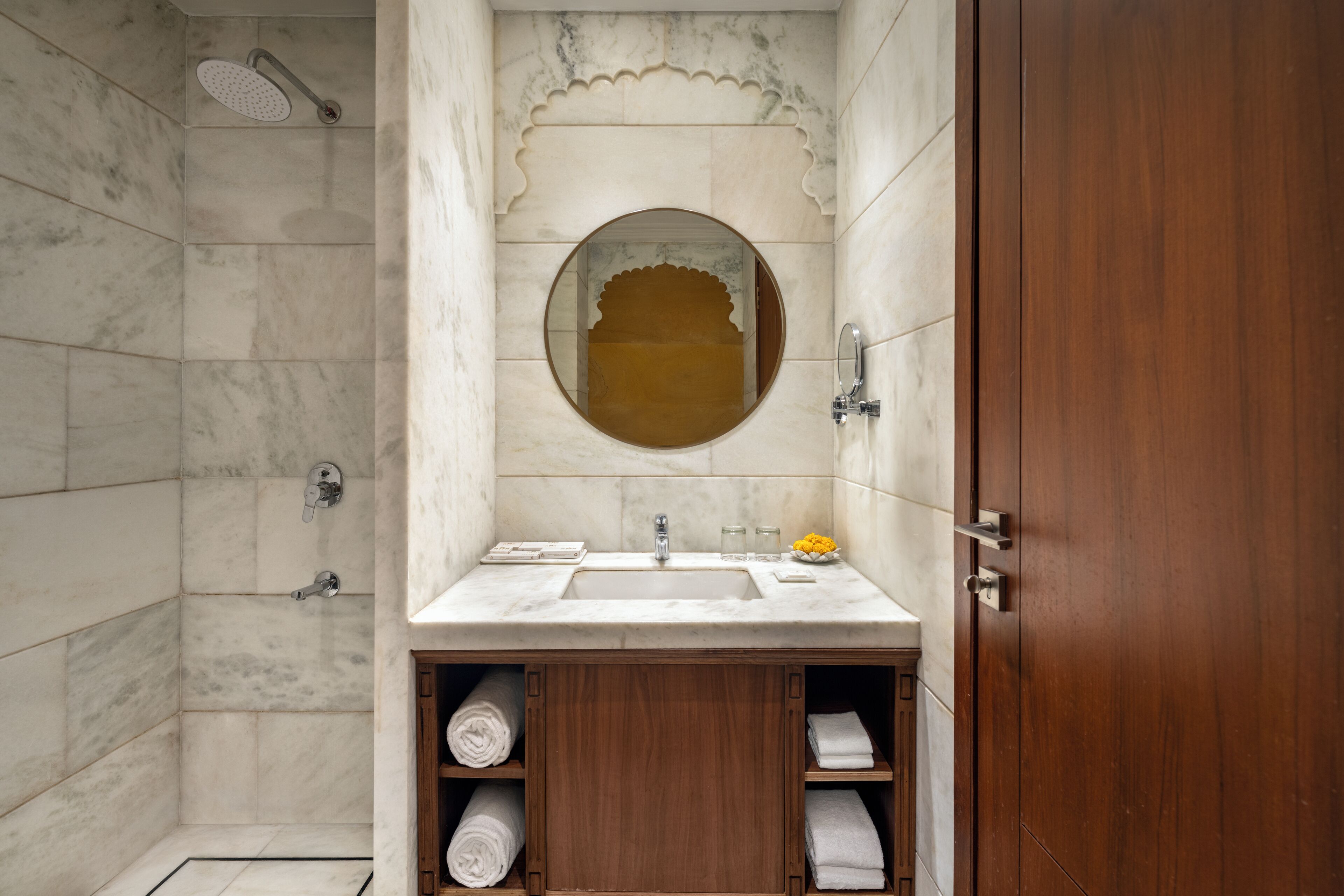 shower, designer toiletries, hair dryer, slippers