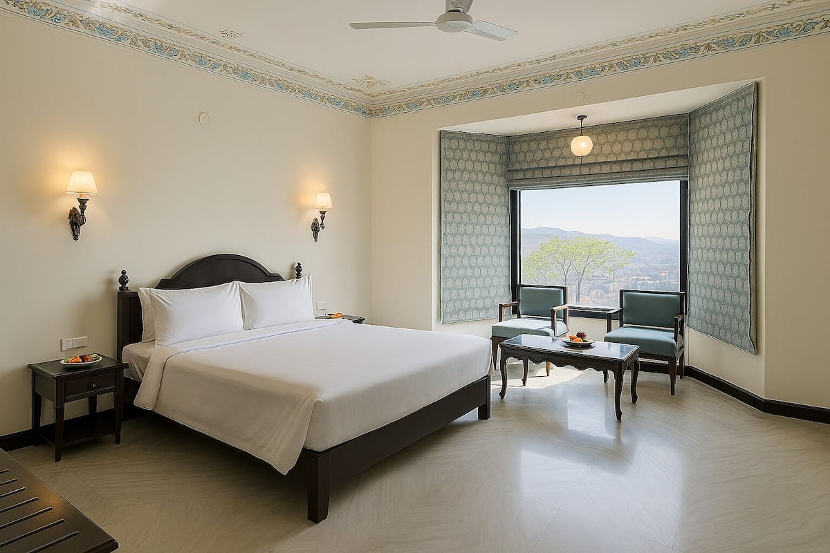 A hotel room with a large bed, two bedside tables with lamps, a small table with chairs, and a large window with a view.