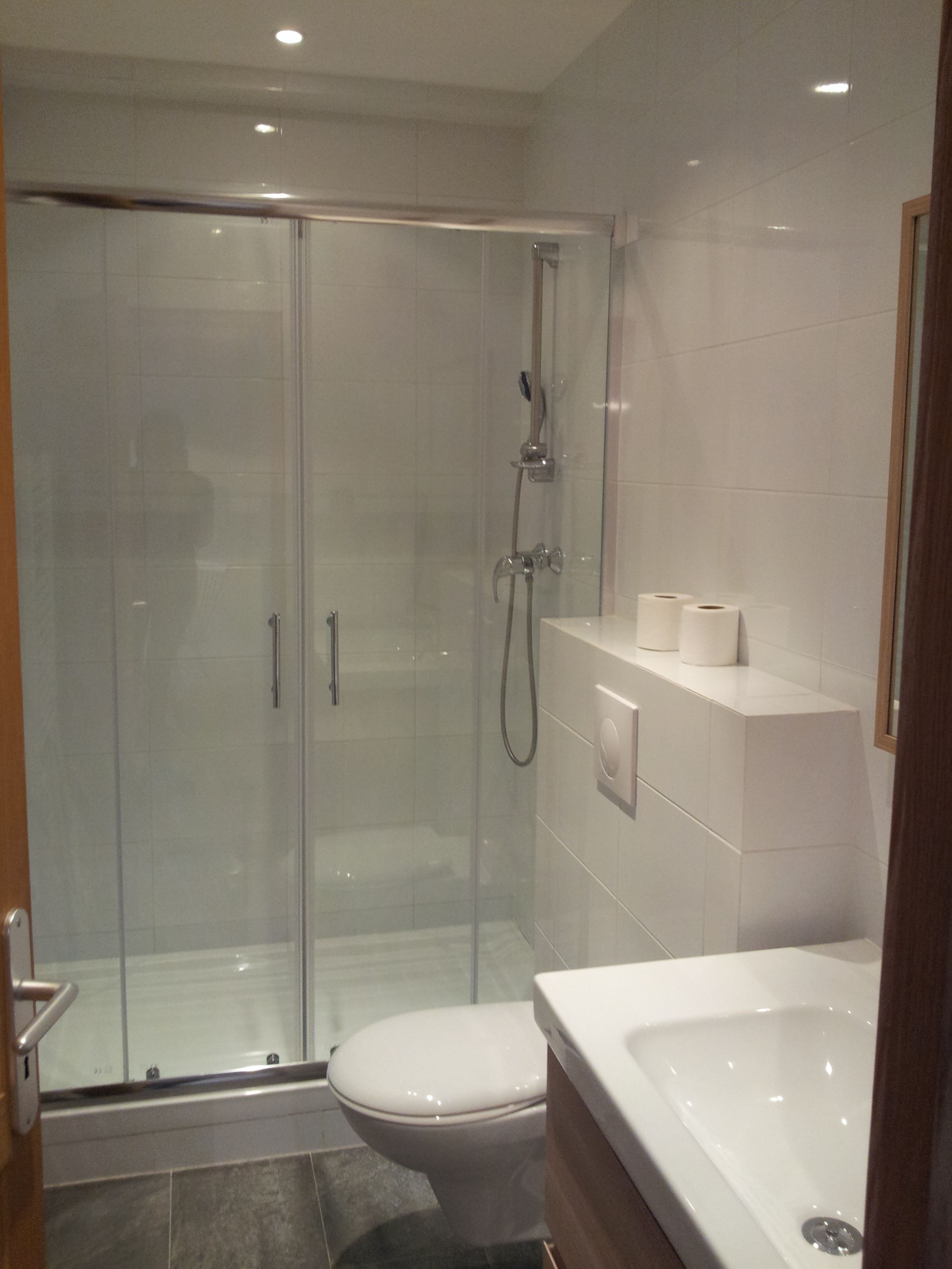 A modern bathroom with a glass-enclosed shower, a white toilet, and a bathtub.