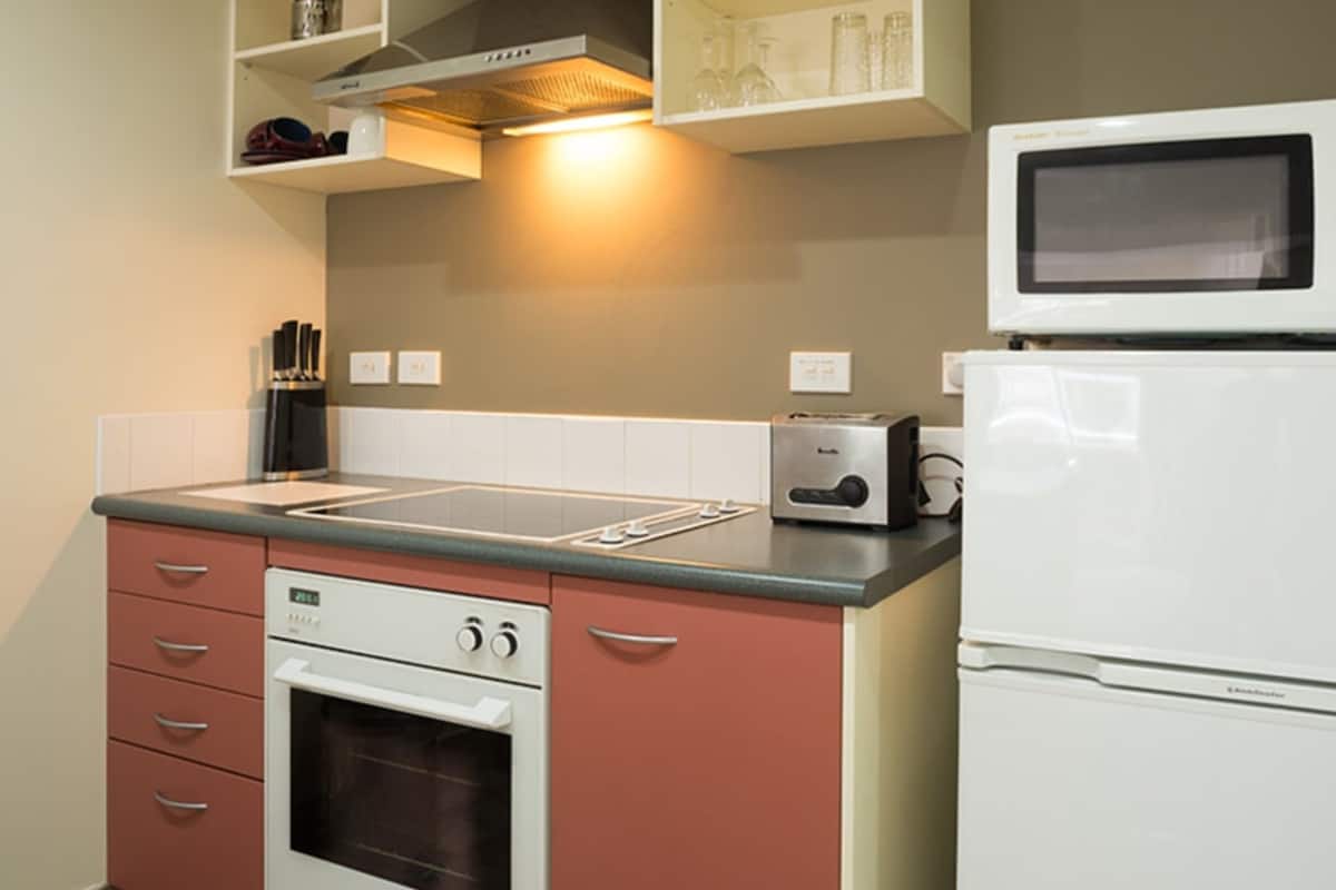 full-sized fridge, microwave, oven, stovetop