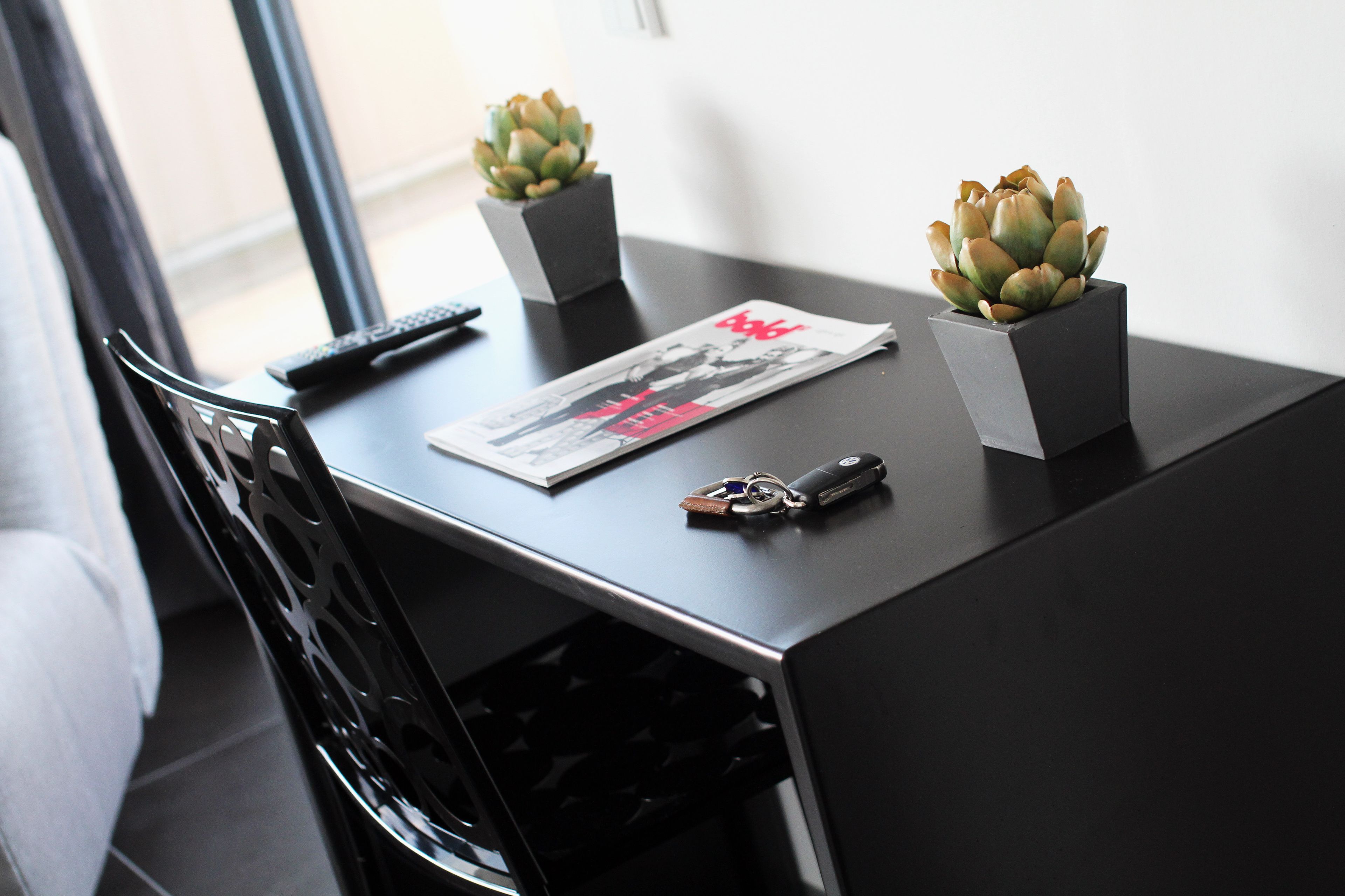 A small table with two potted plants, a magazine, and a remote control.